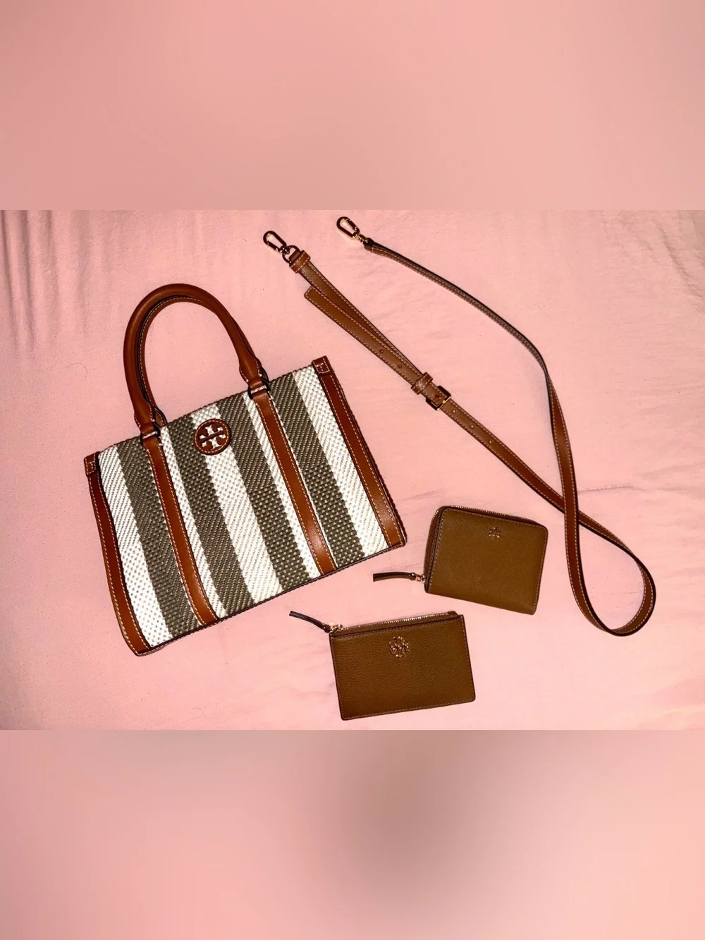 Woven Tory Burch tote with zip card case & zip- around wallet